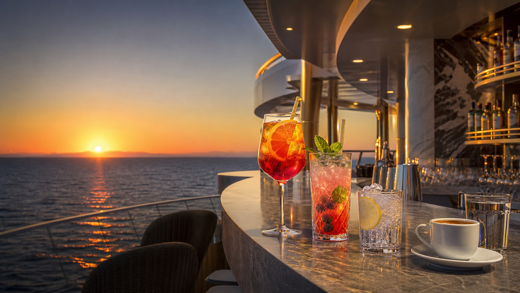 Imagen editorial de bebidas en un bar de crucero al atardecer