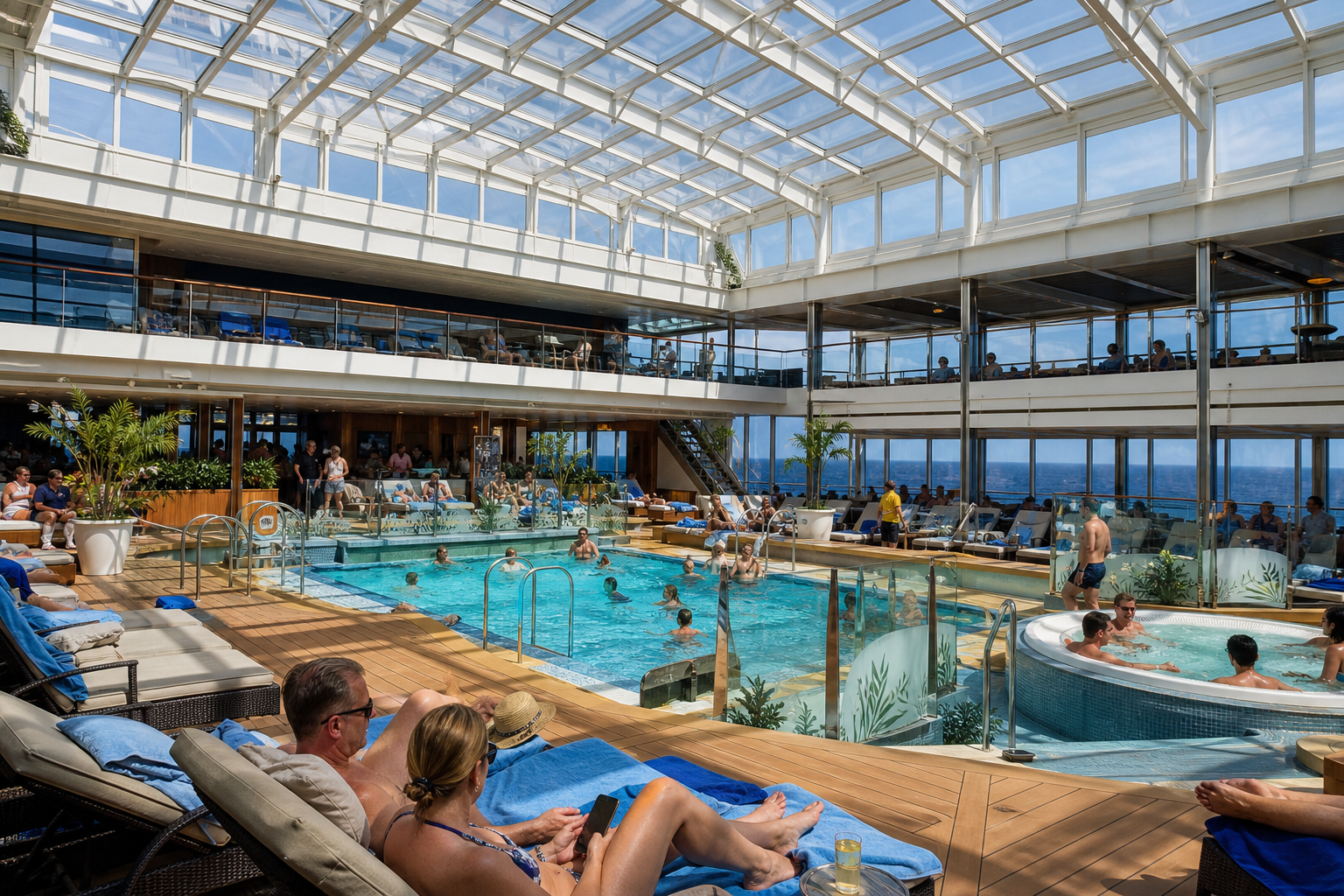 Imagen editorial del ambiente en una piscina cubierta de crucero