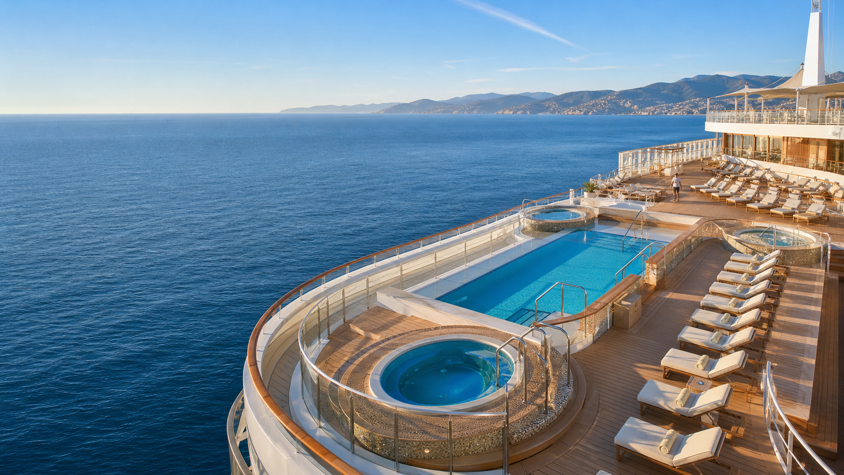 Imagen editorial de piscinas y jacuzzis en la cubierta de un crucero