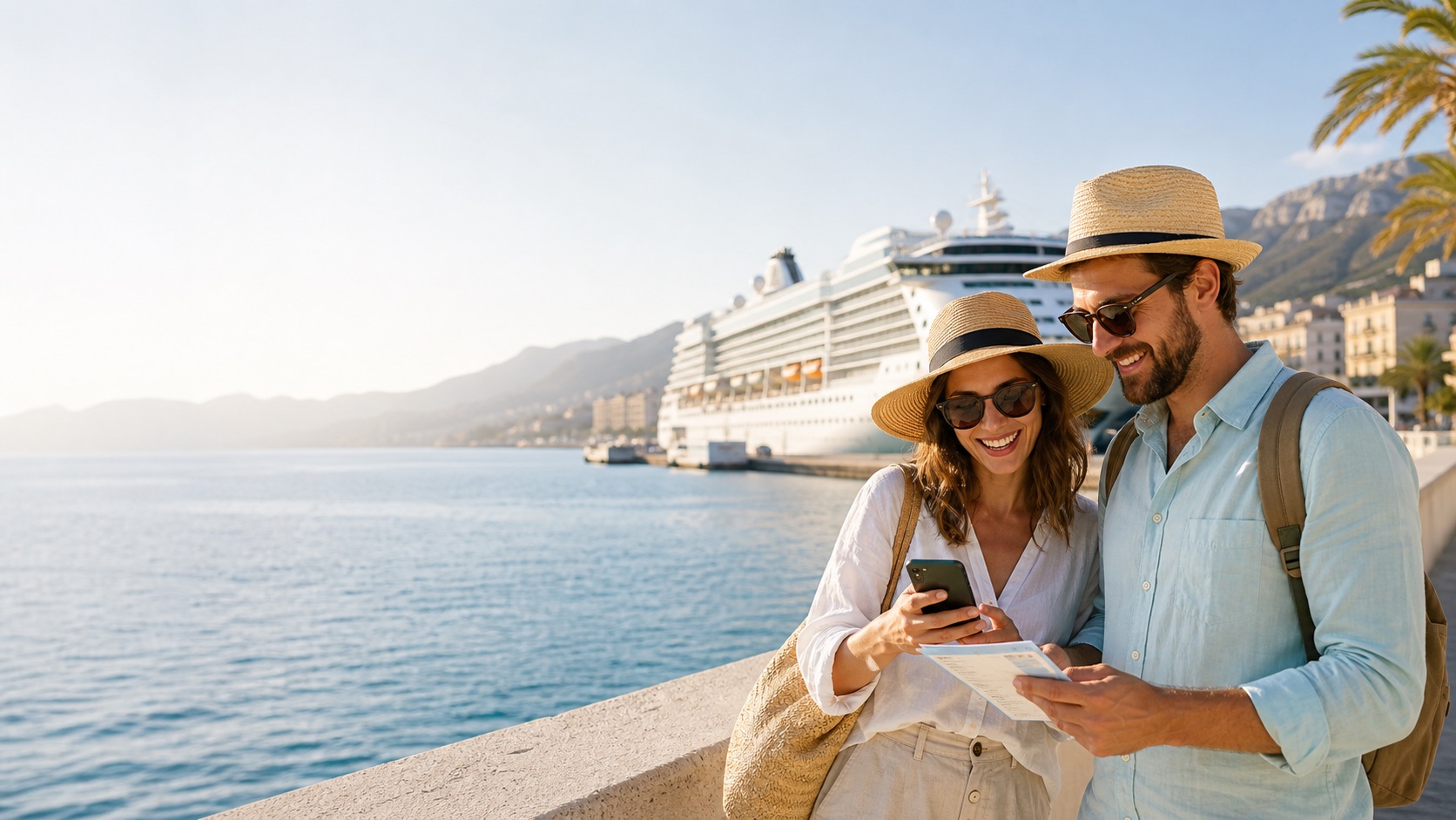Viajeros comparando un crucero barato en un puerto mediterraneo