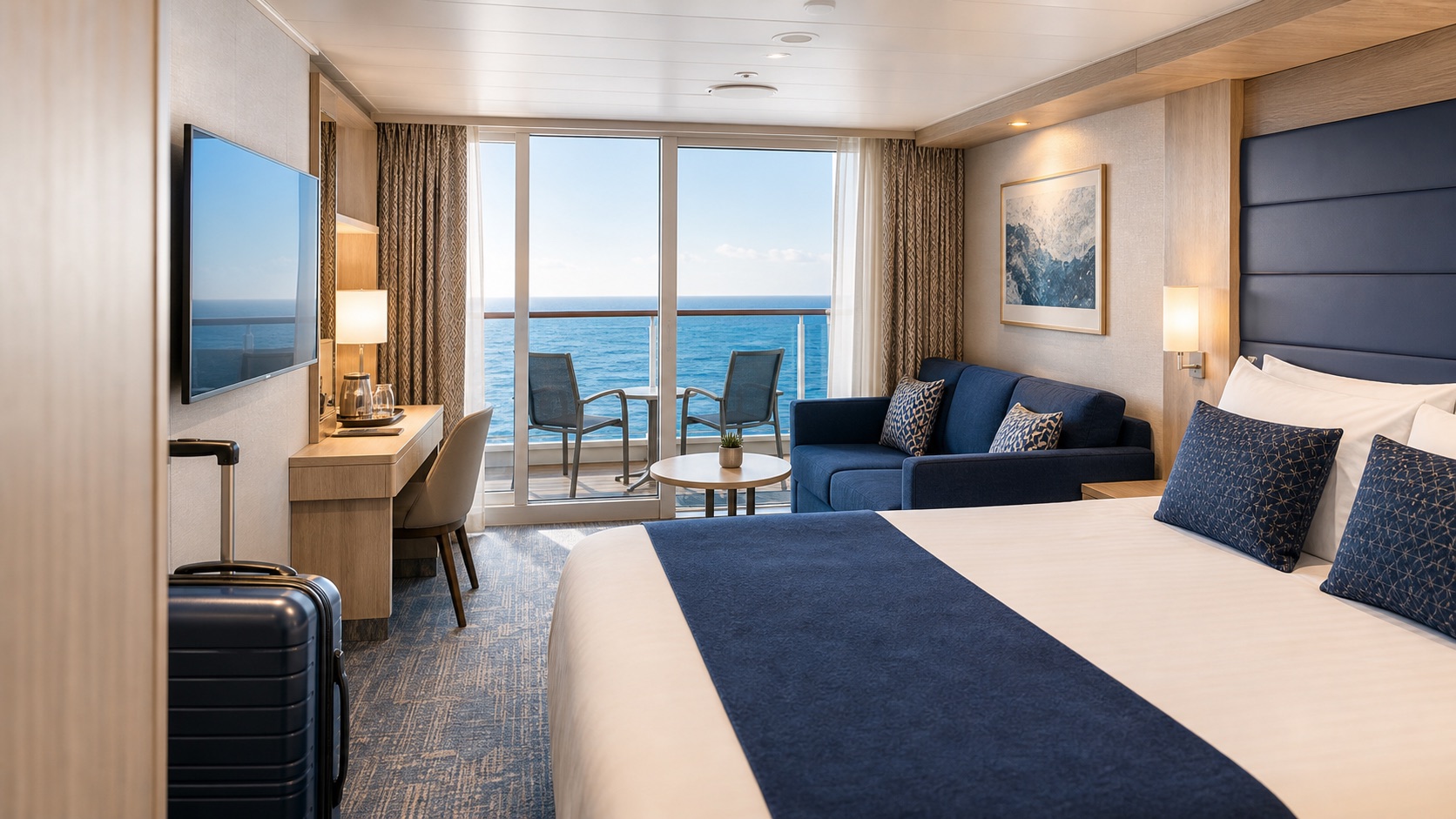 Camarote moderno de crucero con balcon y vistas al mar