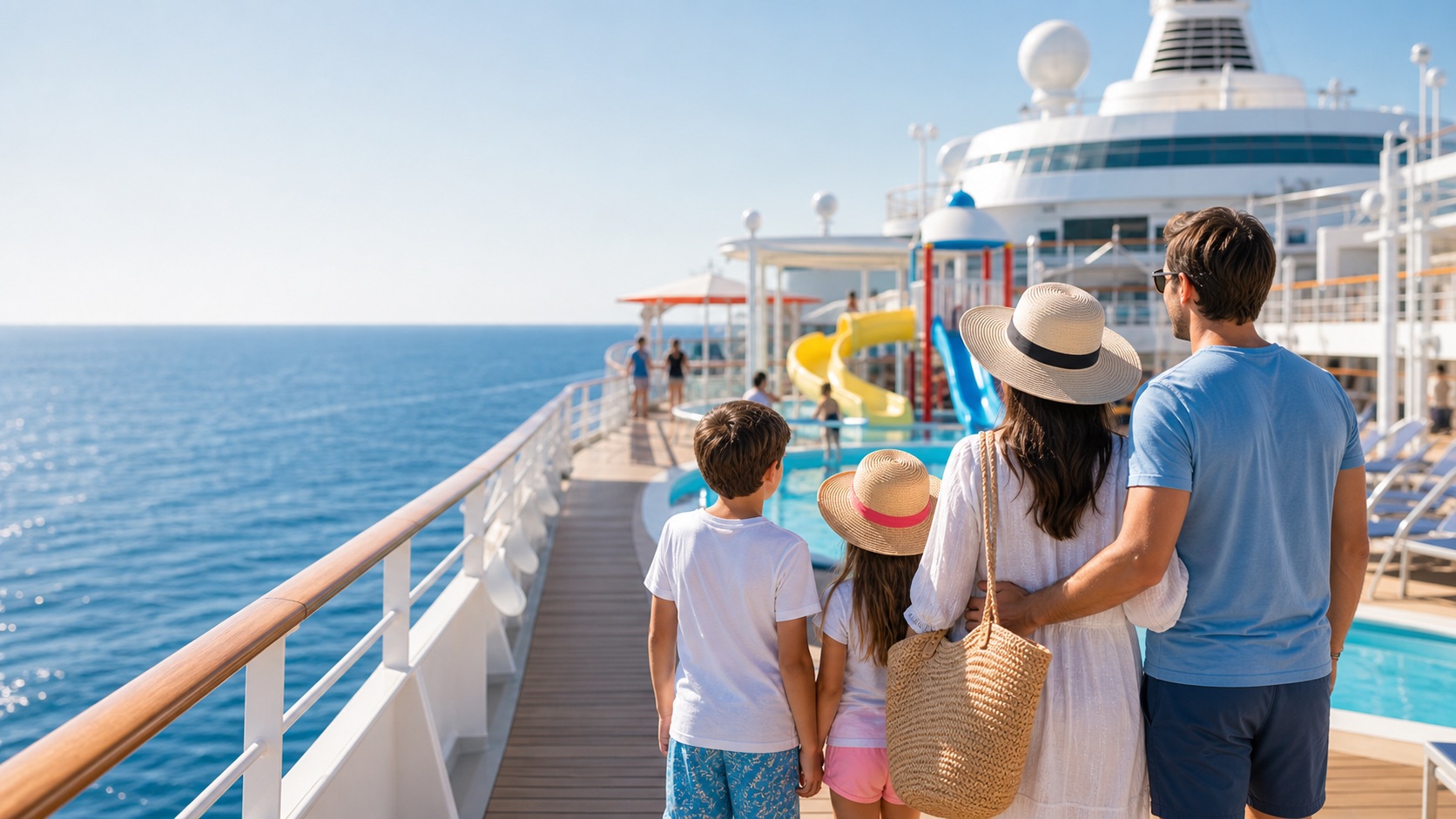 Familia disfrutando de un crucero con zonas infantiles y piscina