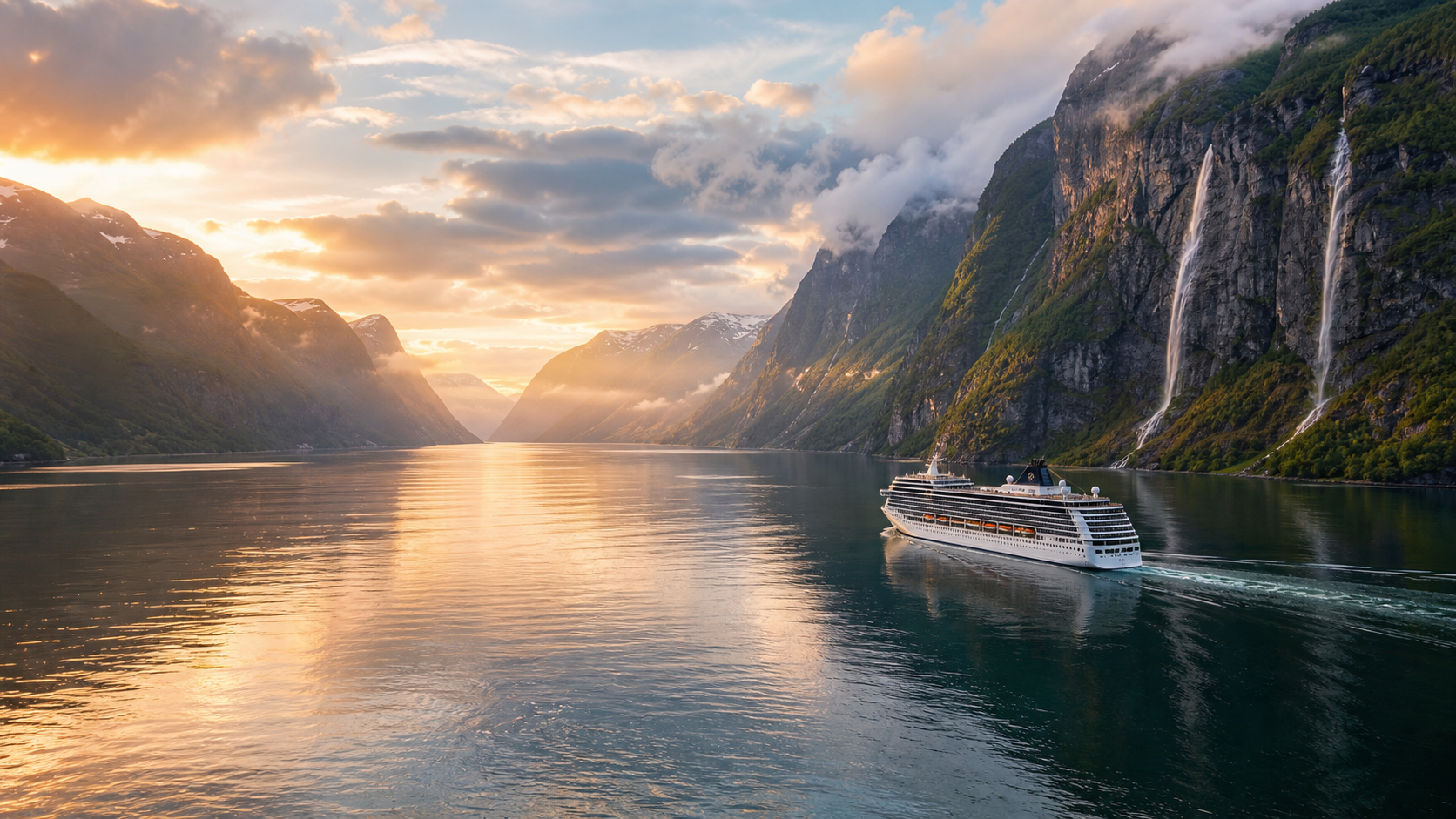 Crucero al atardecer en los Fiordos Noruegos