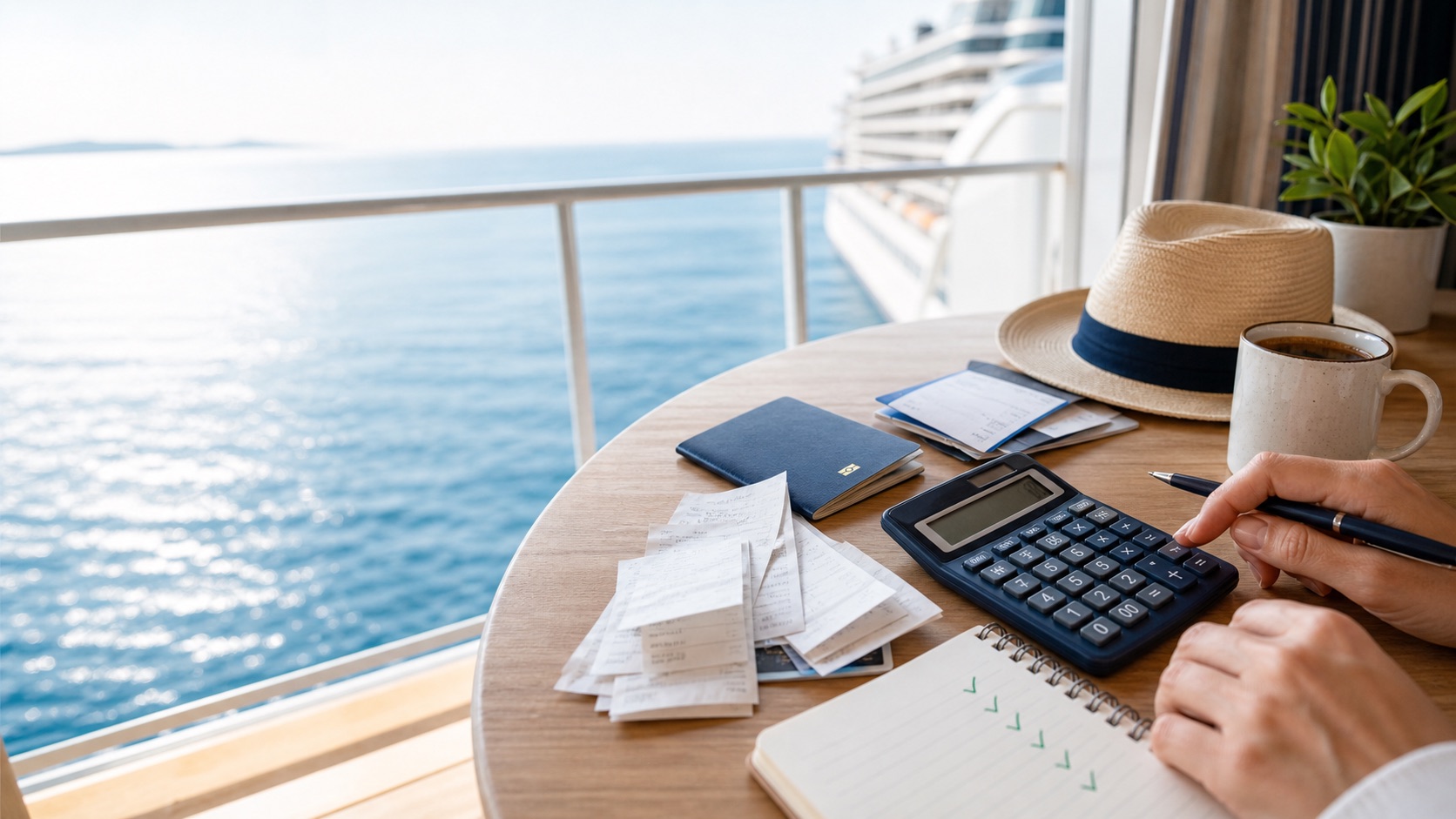 Calculadora y documentos para revisar propinas, tasas y extras de crucero