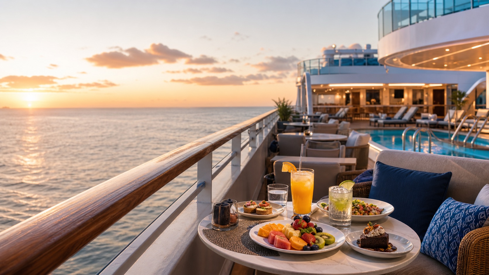 Cubierta de crucero con bebidas y comida incluidas al atardecer