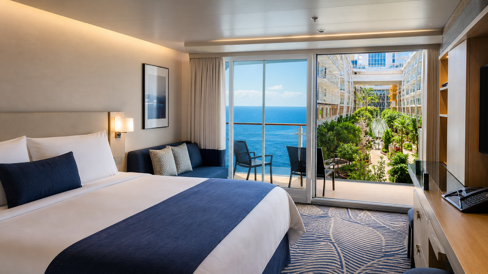 Camarote con balcón y distintas vistas en un gran crucero