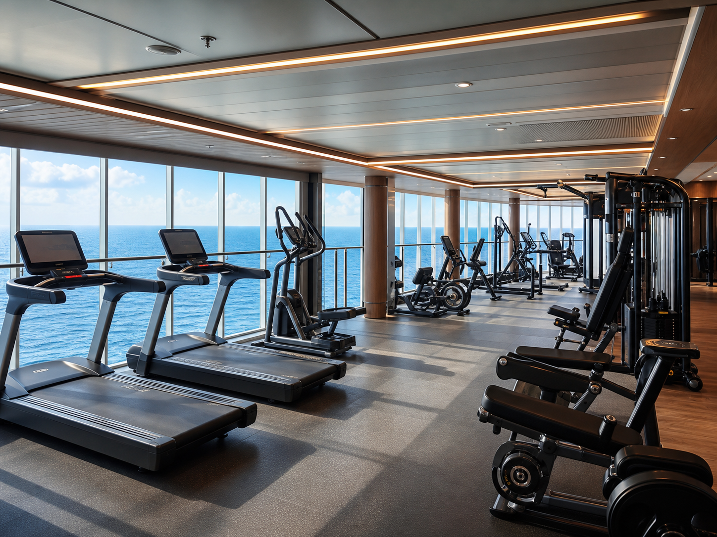 Gimnasio de crucero con vistas al mar