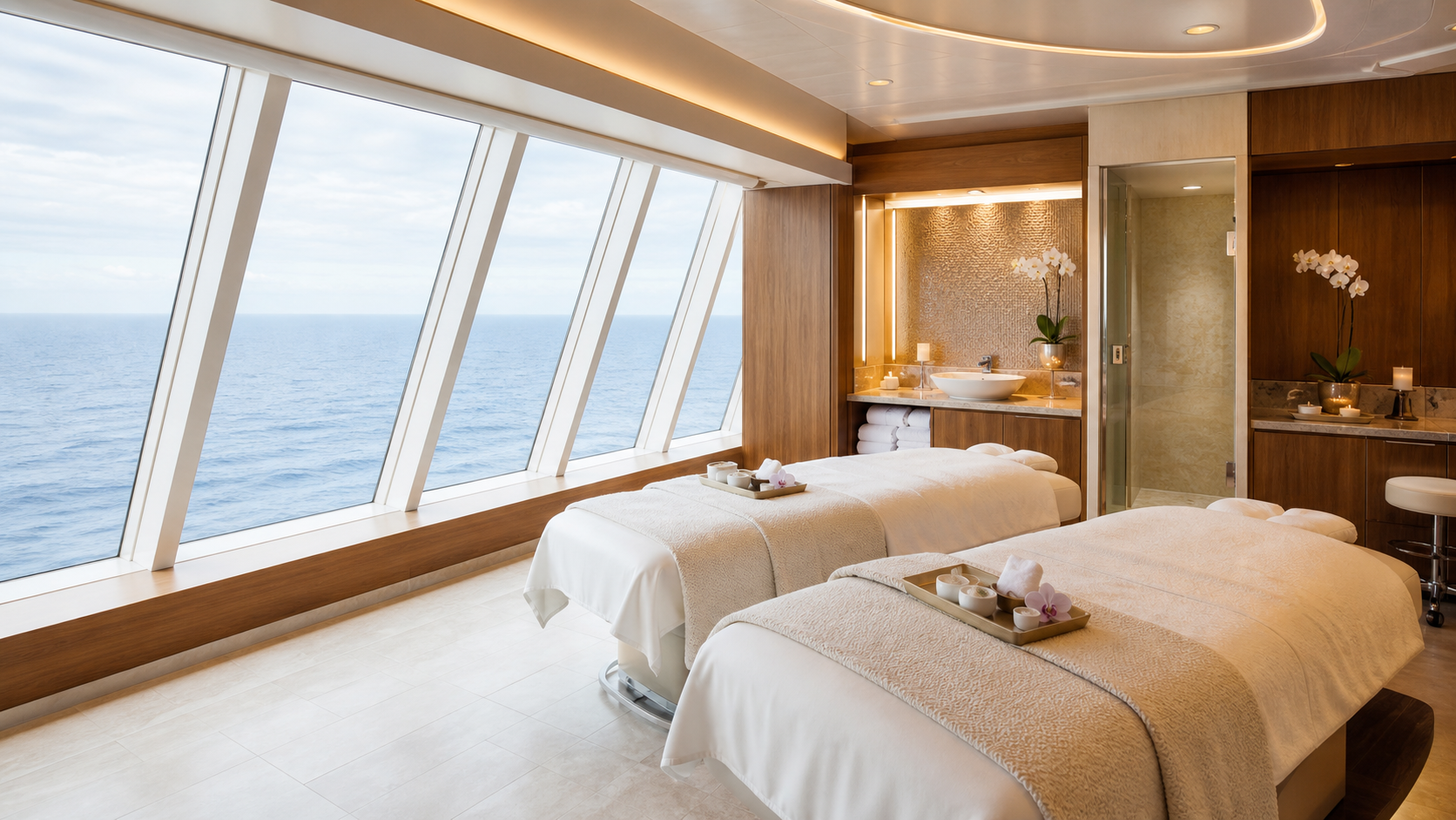 Sala de tratamientos spa con vistas al mar en un crucero
