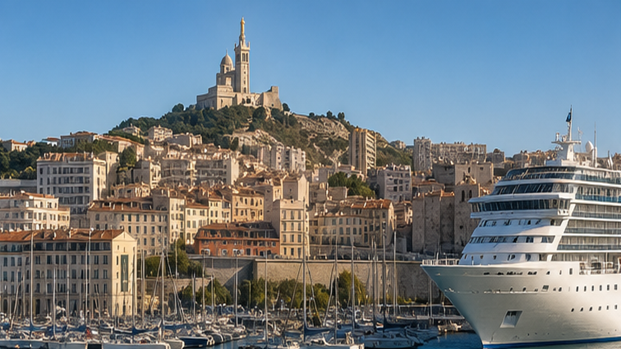 Marsella desde el mar con Notre-Dame de la Garde y crucero en puerto