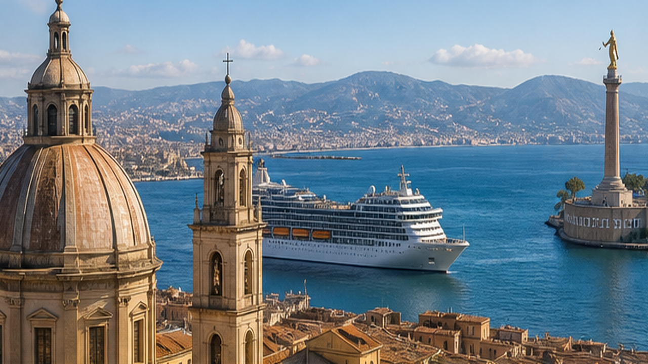 Messina y el estrecho con crucero entrando en puerto