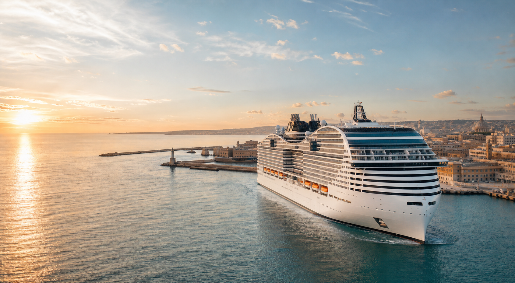 Crucero moderno saliendo de Civitavecchia al amanecer con la costa del Tirreno y referencias de Roma al fondo