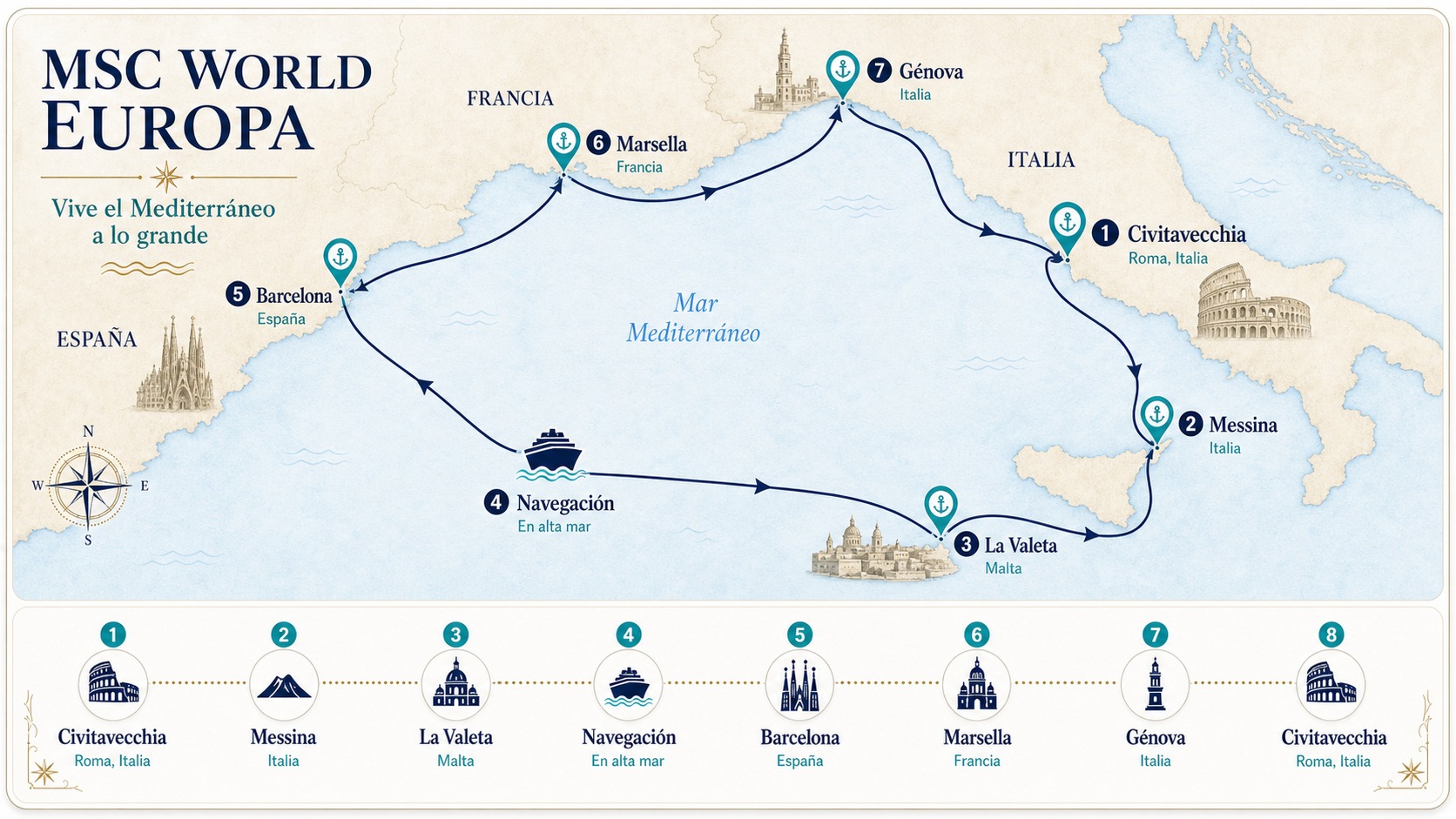 Mapa visual del MSC World Europa desde Civitavecchia con ruta Civitavecchia, Messina, La Valeta, navegación, Barcelona, Marsella, Génova y regreso a Civitavecchia
