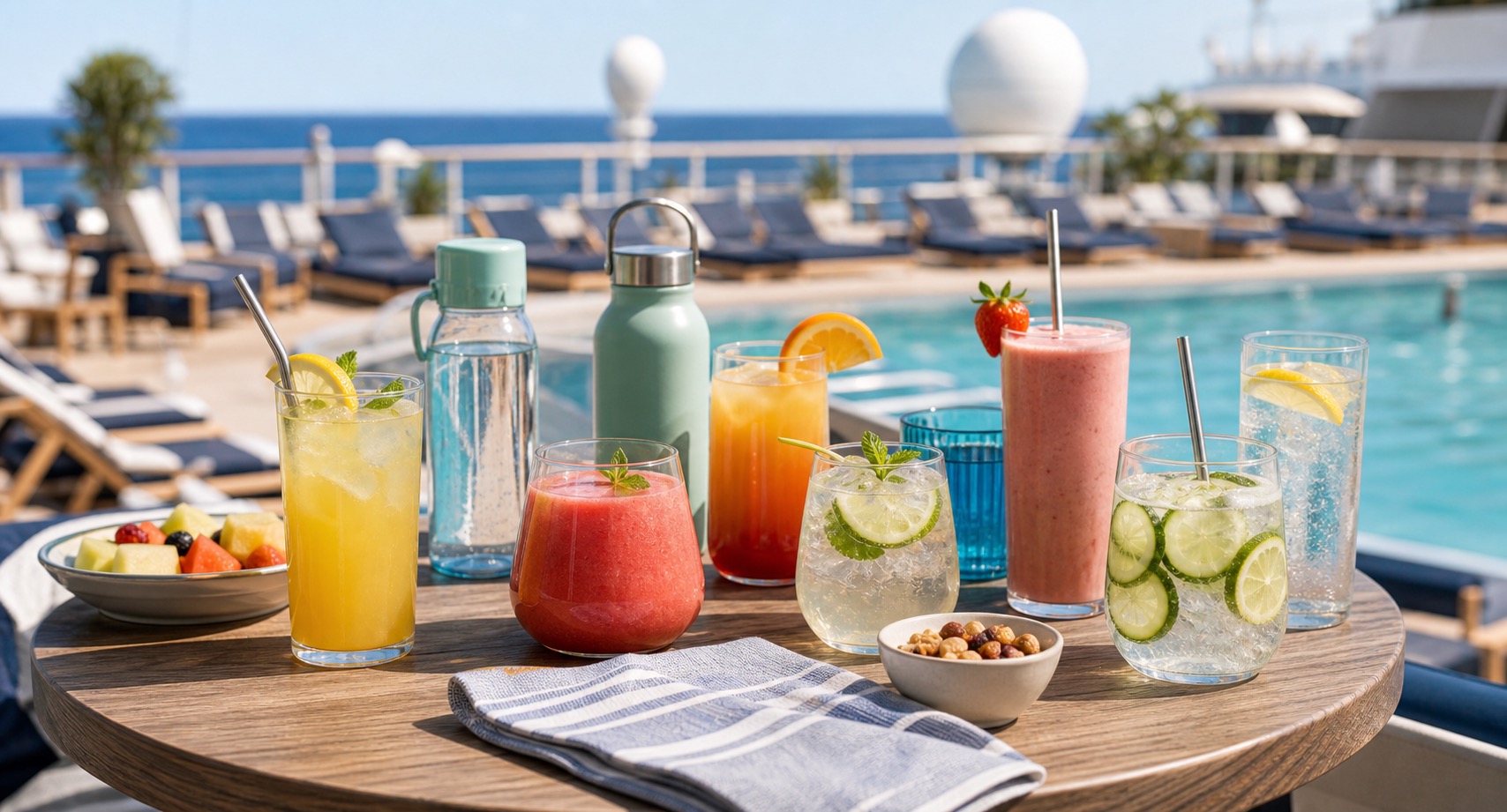 Bebidas sin alcohol, zumos y mocktails en piscina para familias en MSC World Europa