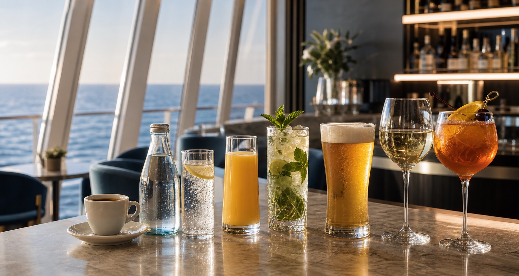 Bar de crucero con café, agua, zumo, cerveza, vino y cócteles para comparar paquetes de bebidas