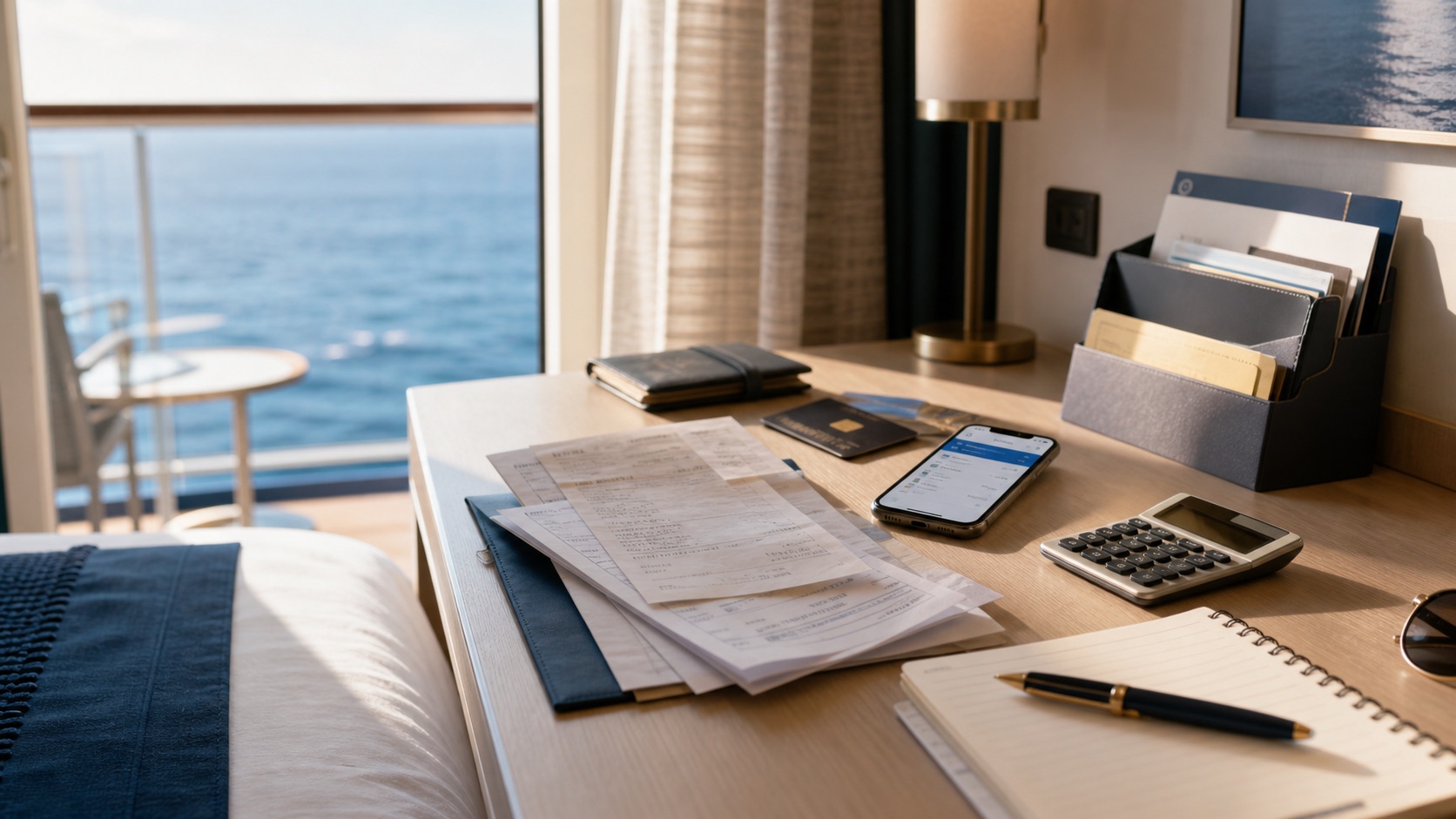 Mesa de camarote con calculadora y documentos para revisar propinas, tasas y extras del MSC World Europa