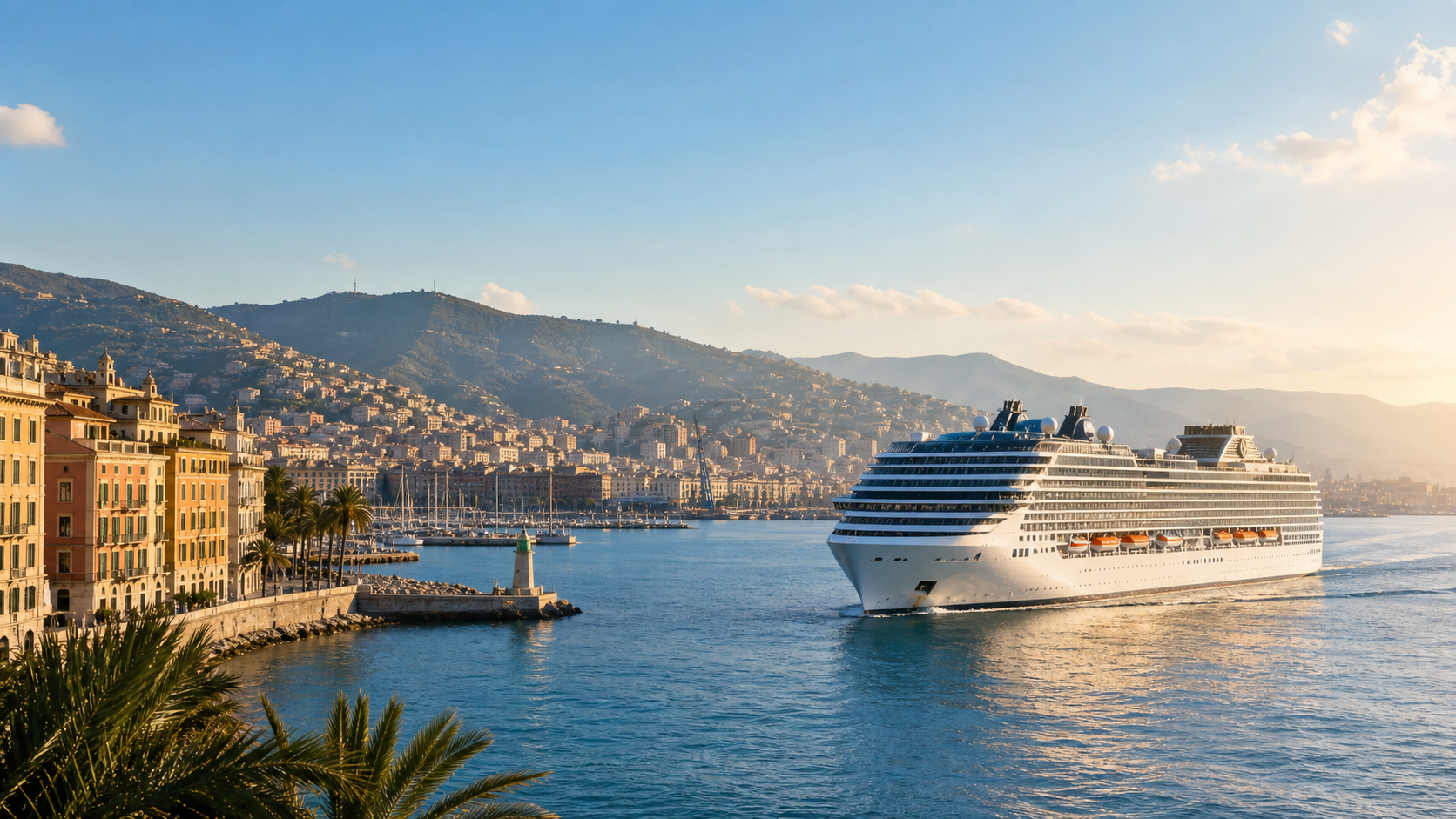 Crucero moderno saliendo del puerto de Génova con la costa de Liguria al fondo