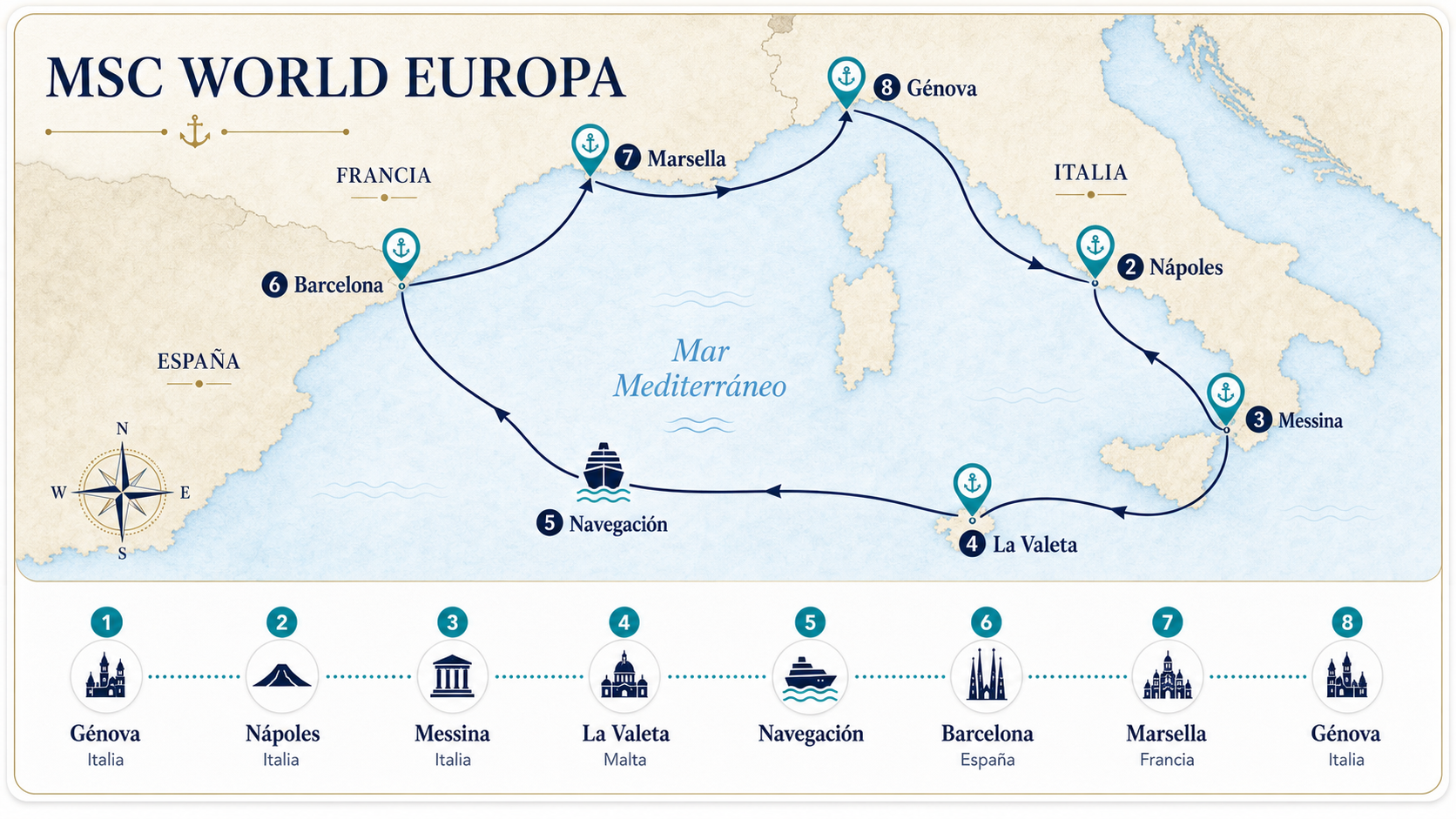Mapa visual del MSC World Europa desde Génova con ruta Génova, Nápoles, Messina, La Valeta, navegación, Barcelona, Marsella y regreso a Génova