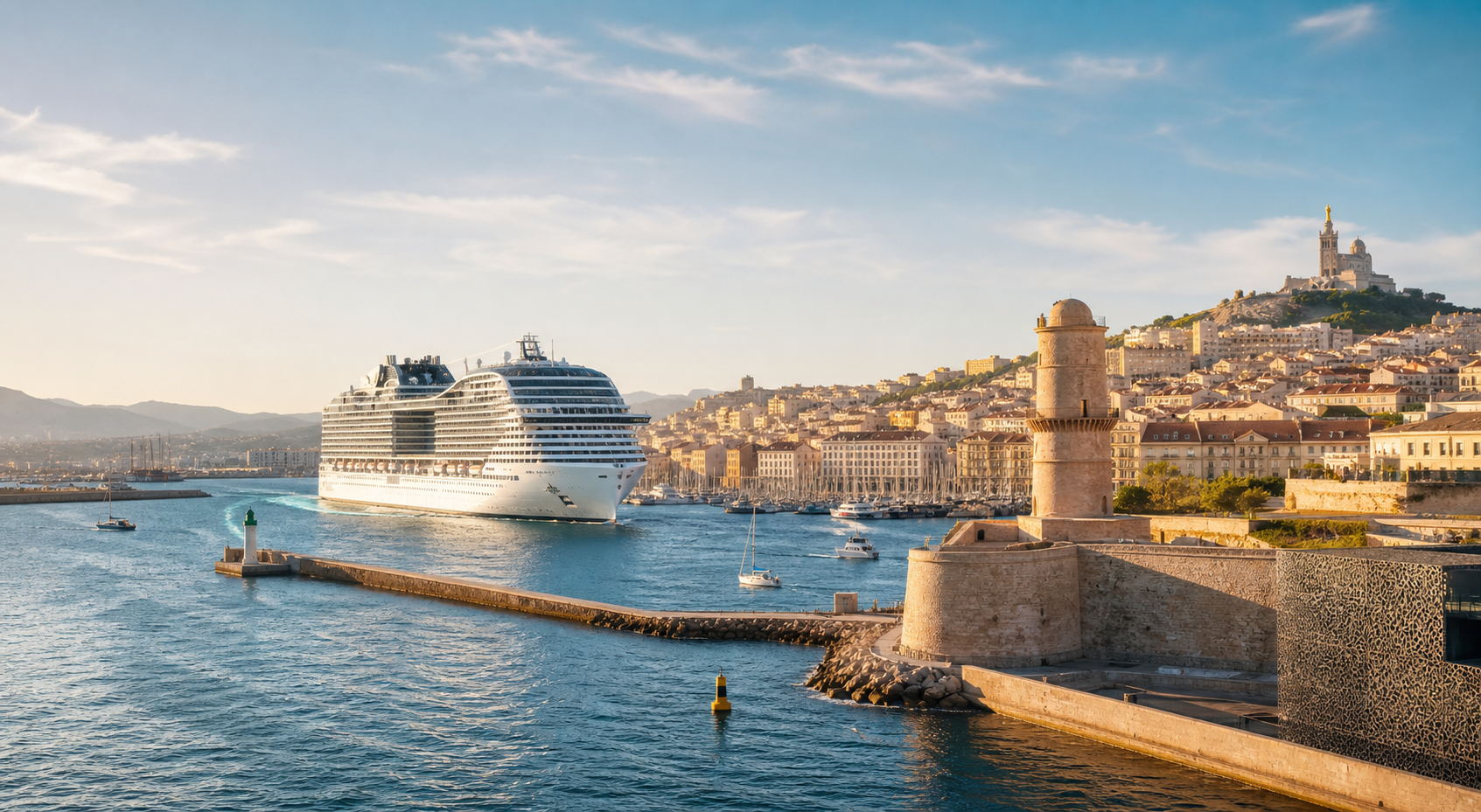Crucero moderno saliendo de Marsella con el Vieux-Port y Notre-Dame de la Garde al fondo