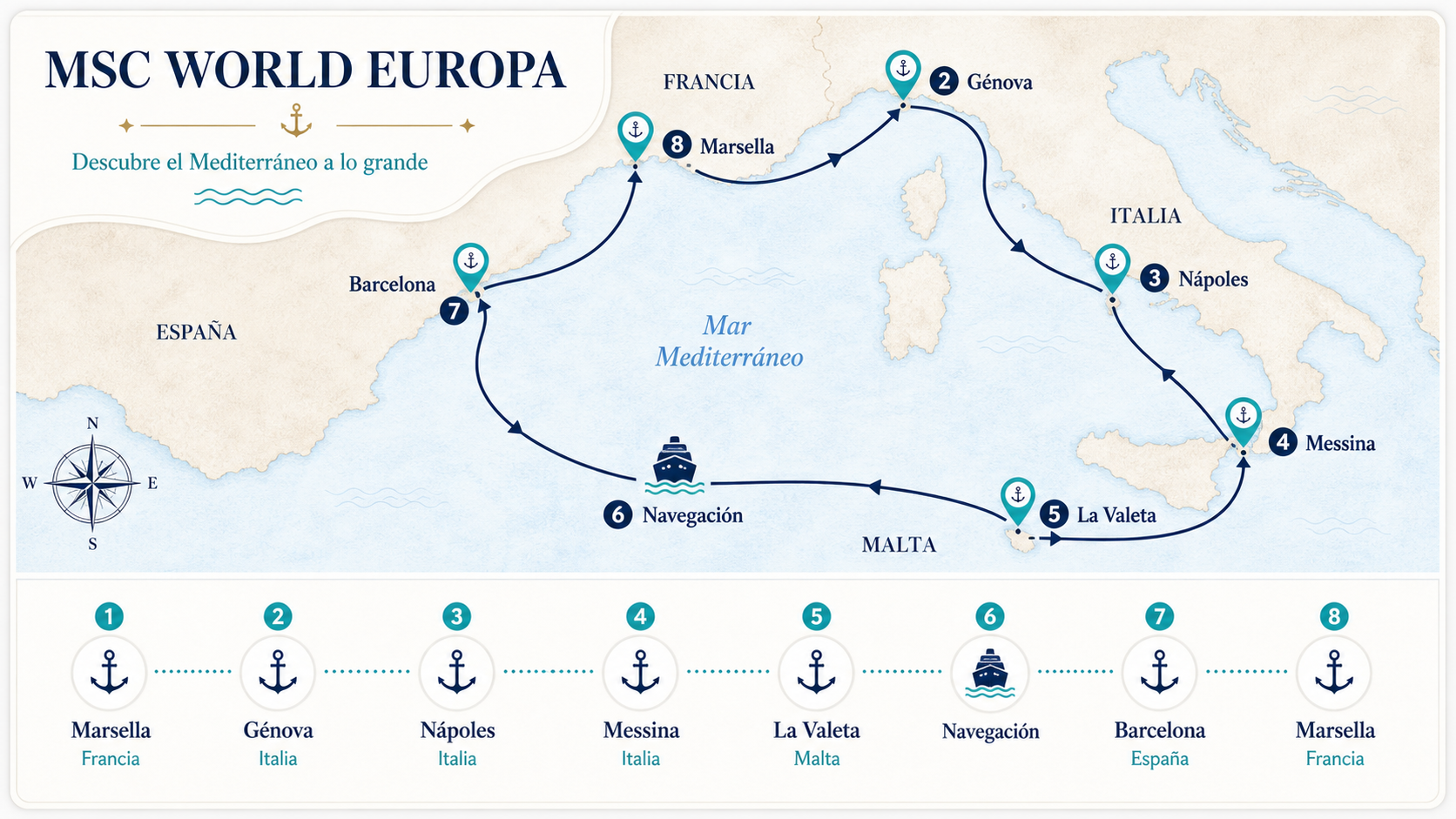 Mapa visual del MSC World Europa desde Marsella con ruta Marsella, Génova, Nápoles, Messina, La Valeta, navegación, Barcelona y regreso a Marsella