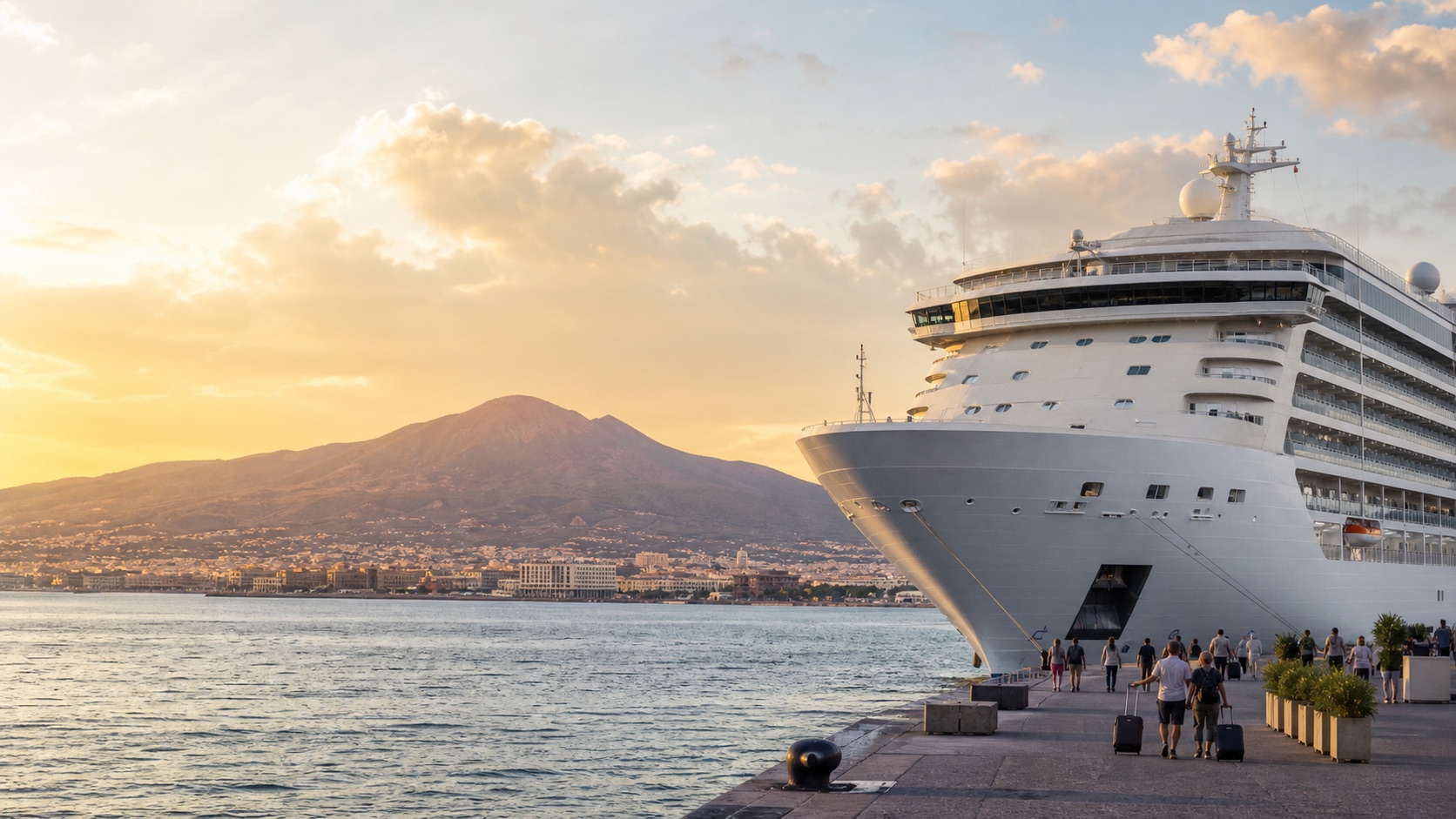 Bahía de Nápoles con el Vesubio al fondo y ambiente de puerto mediterráneo