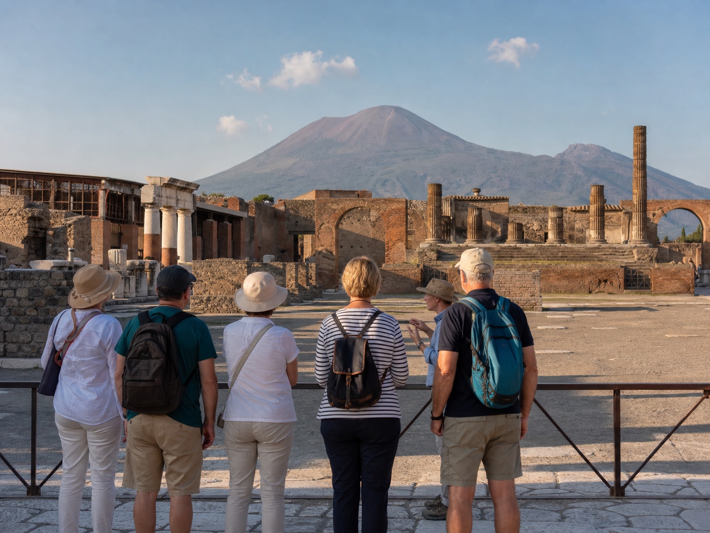 Viajeros visitando Pompeya con el Vesubio al fondo antes del crucero