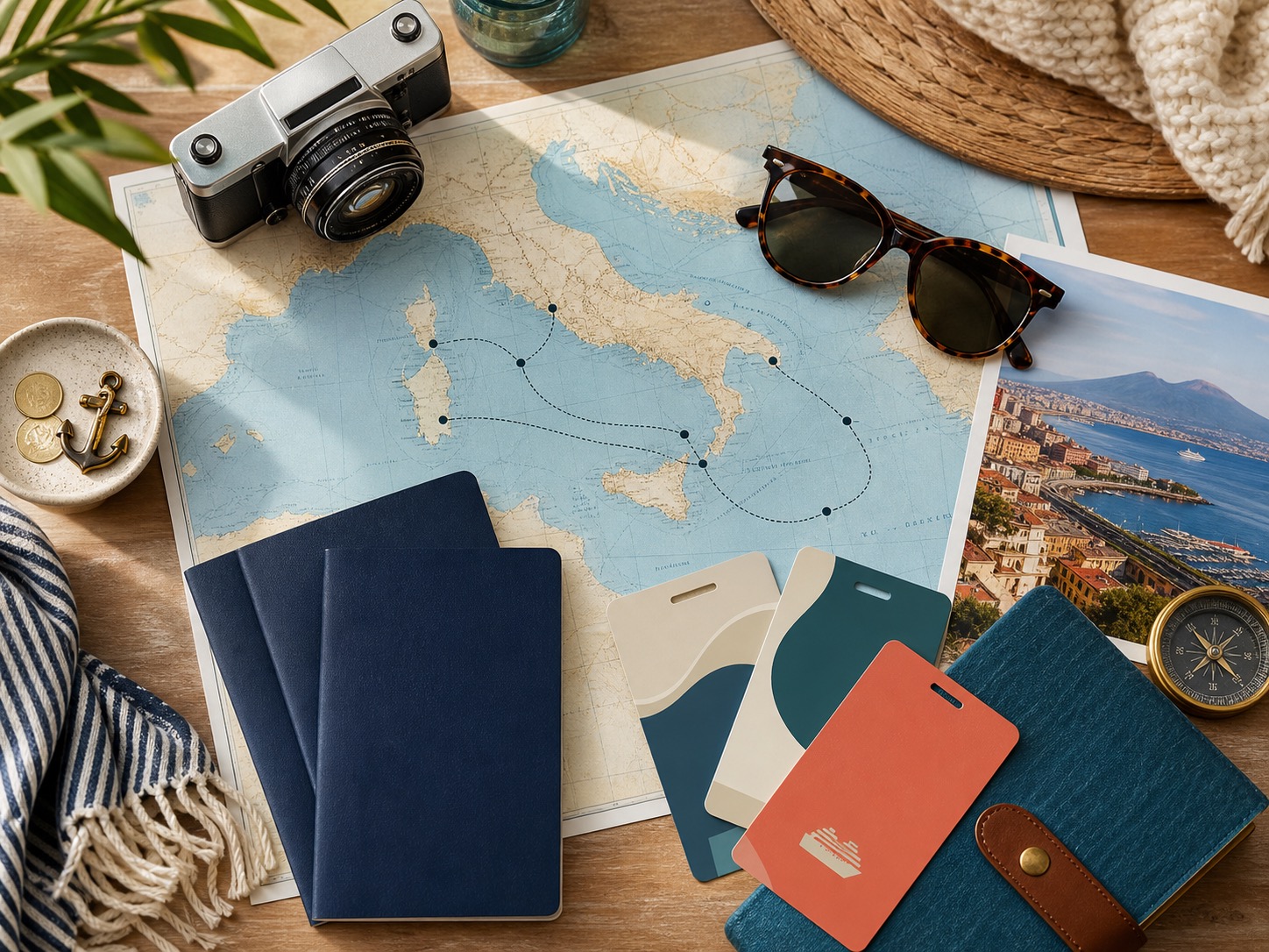 Mapa y objetos de viaje para organizar un crucero con amigos desde Nápoles
