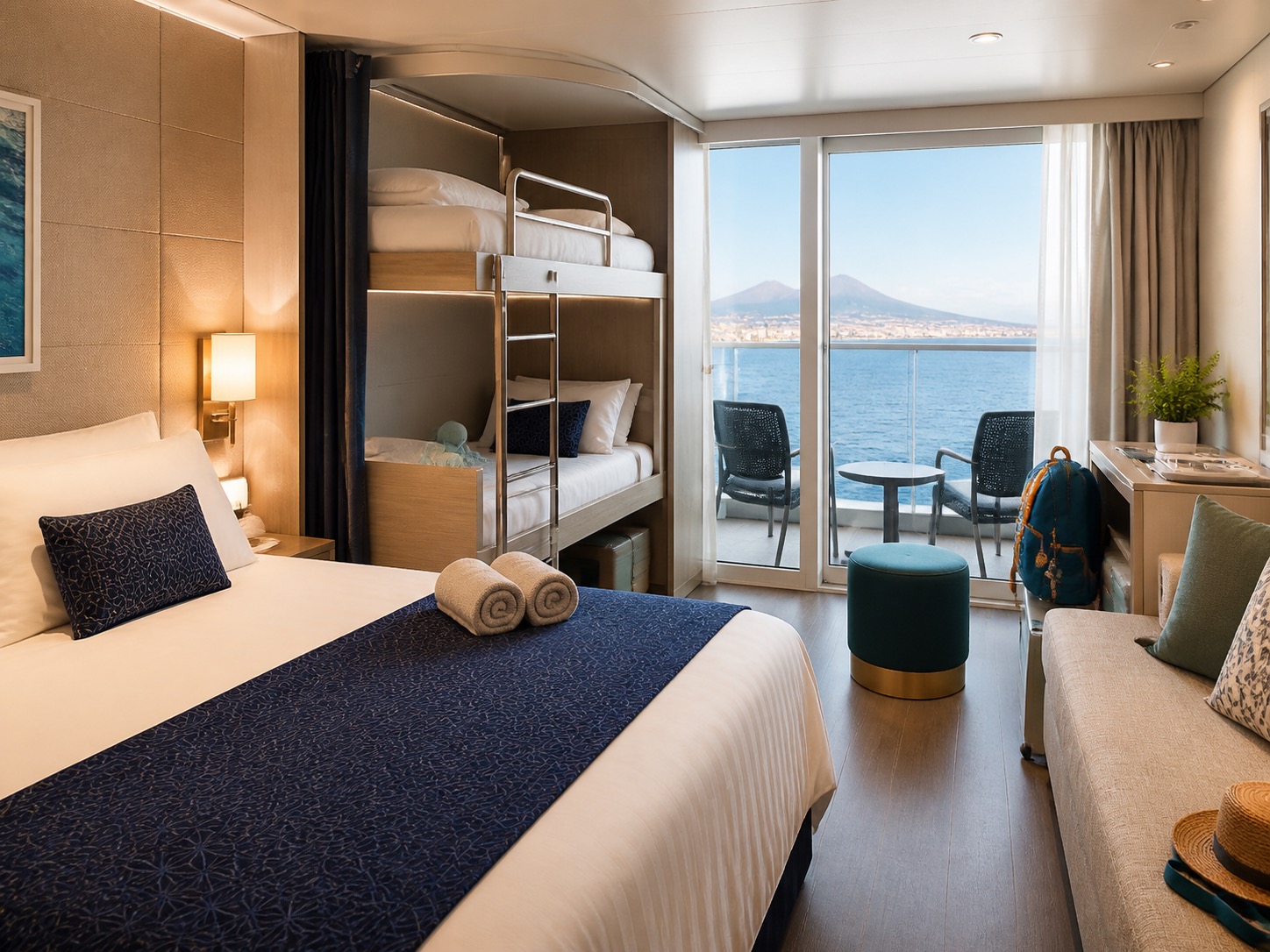 Camarote familiar con balcón y vistas a Nápoles para un crucero MSC World Europa