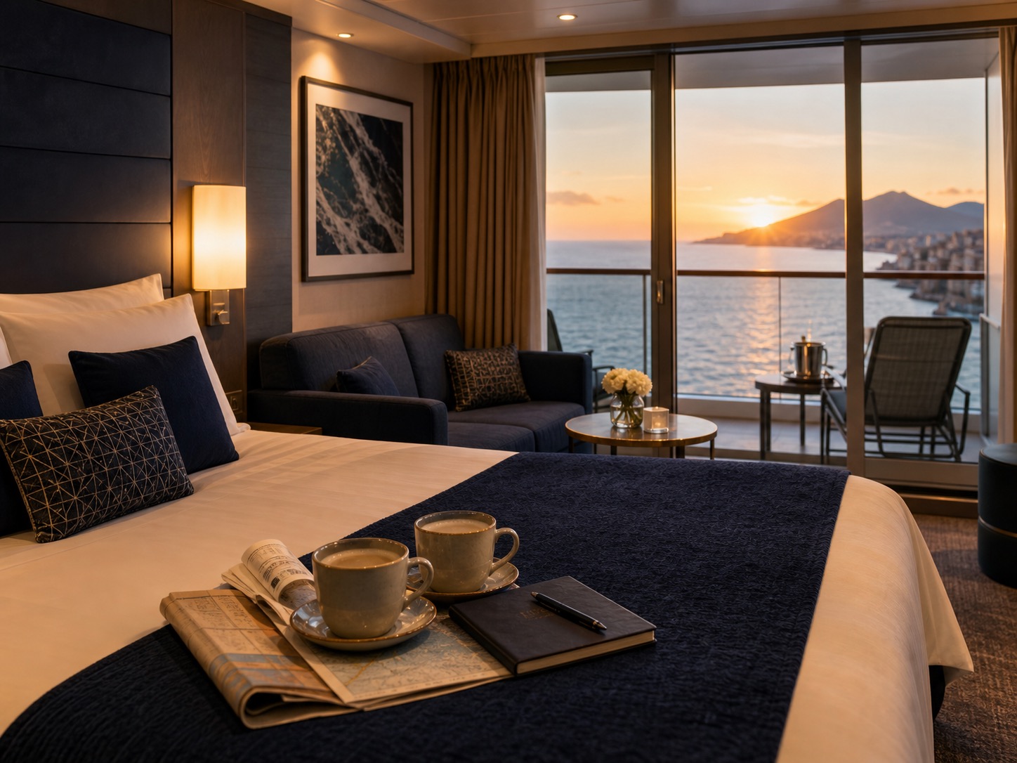 Camarote con balcón al atardecer para parejas en MSC World Europa desde Nápoles