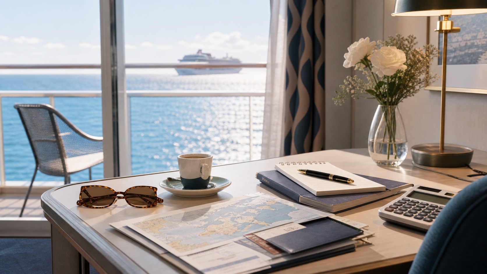 Mesa de planificación con calculadora, documentos y vistas al mar para calcular precios del MSC World Europa