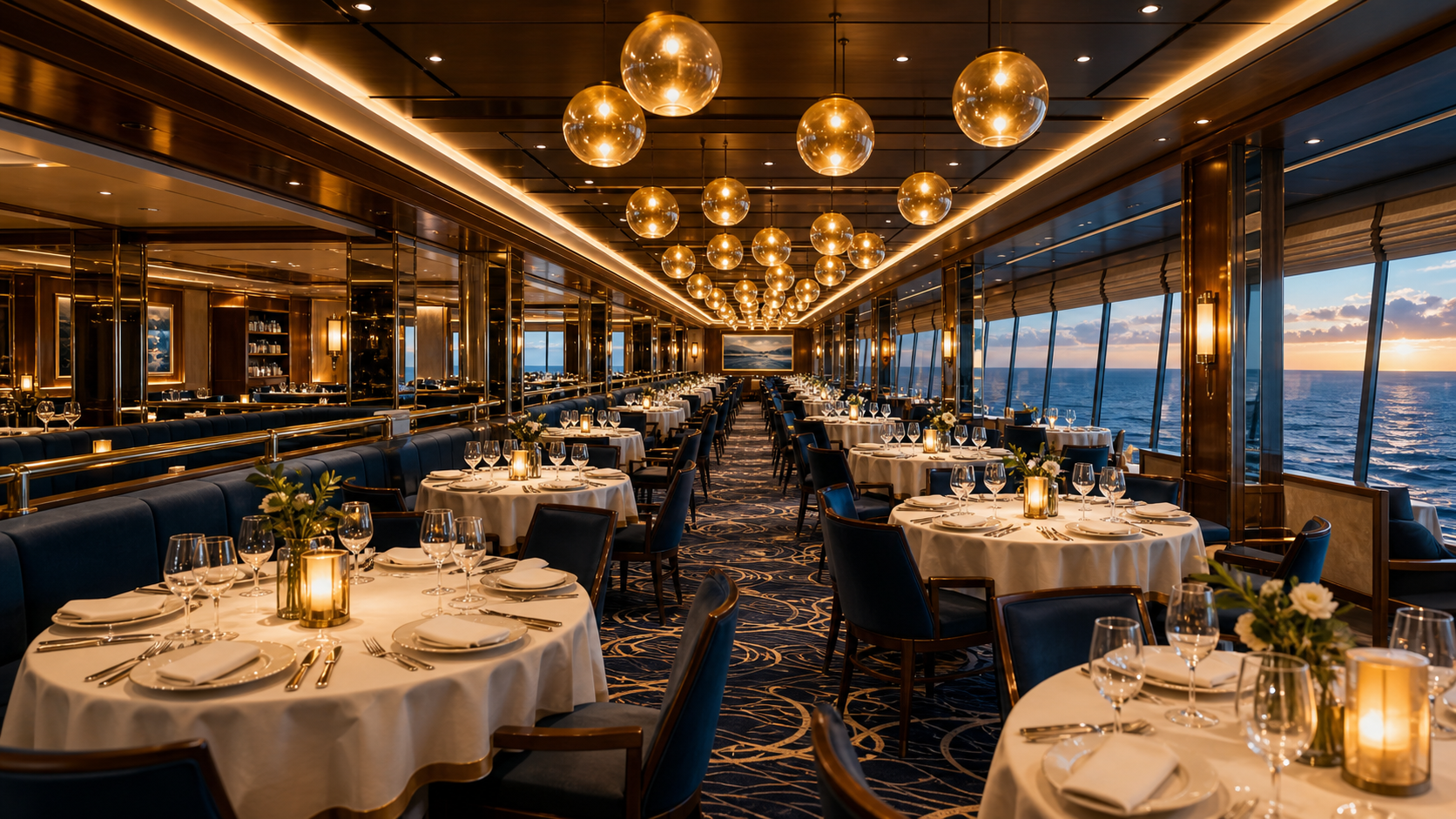 Restaurante elegante de MSC World Europa con vistas al mar