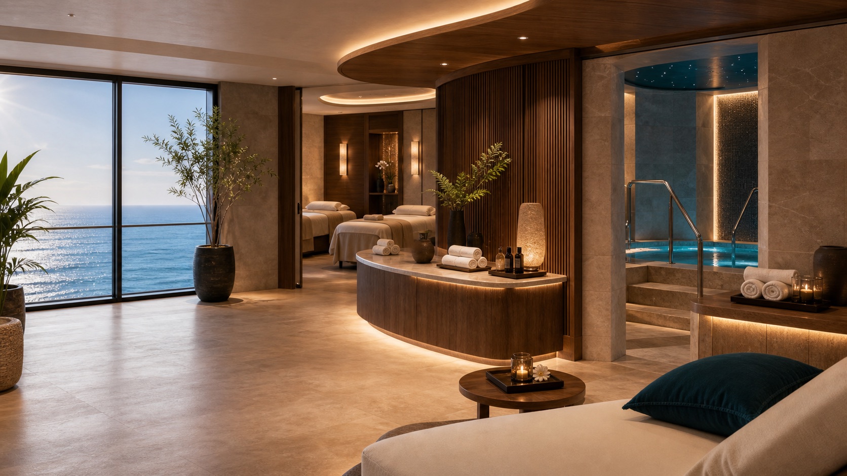 Spa de crucero con zona termal y vistas al mar para la guía del MSC World Europa