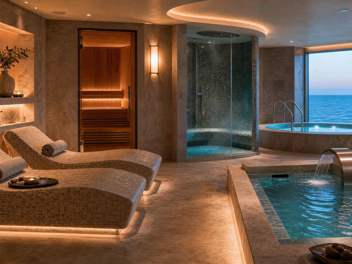 Zona termal de spa de crucero con ambiente de relax