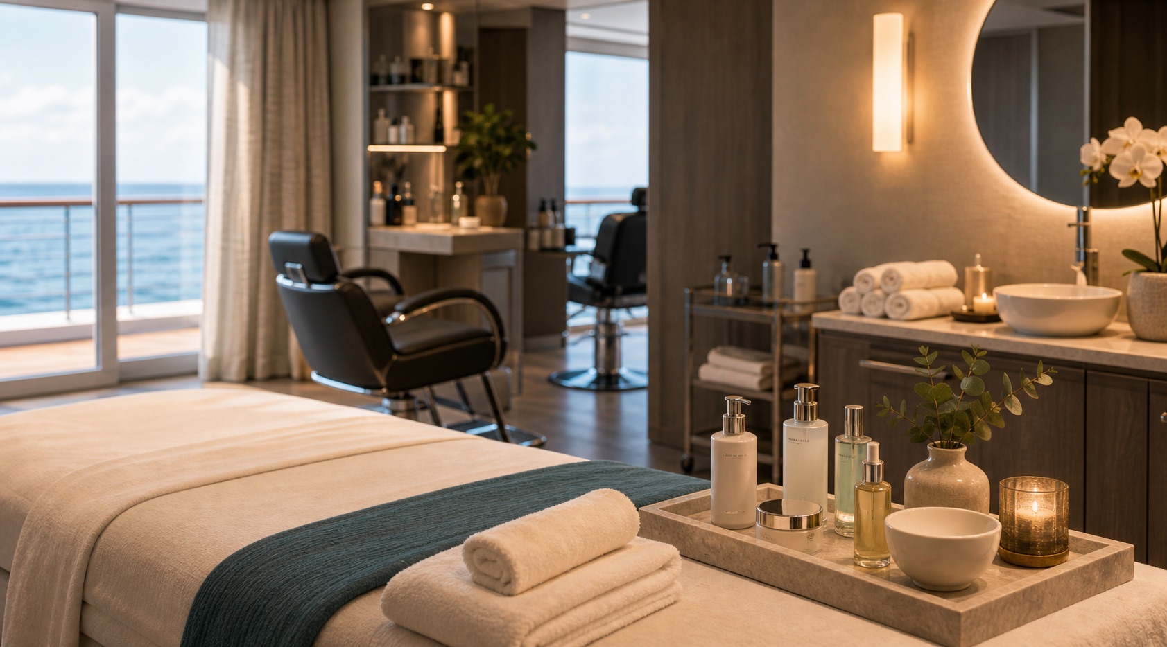 Cabina de tratamientos, productos de belleza y salón en spa de crucero